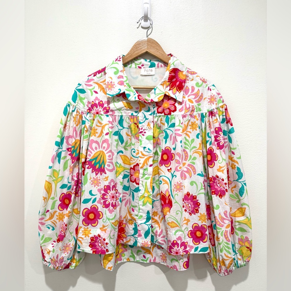 Fate Multicolor Floral Boho 100% Cotton Button-Up Balloon Sleeve Blouse Medium